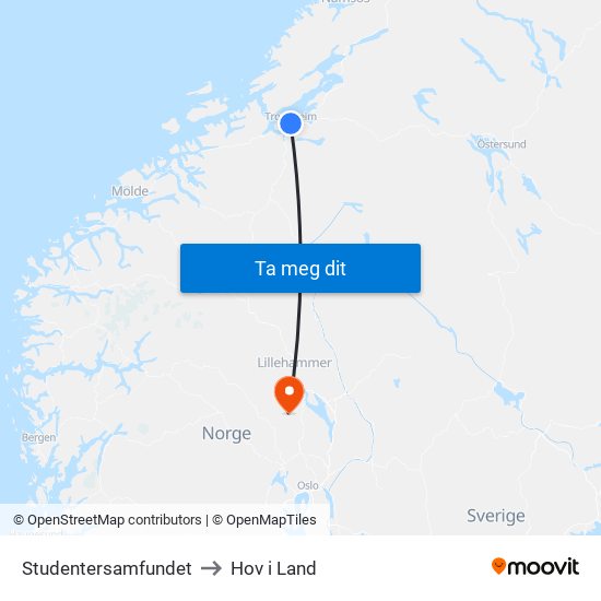 Studentersamfundet to Hov i Land map