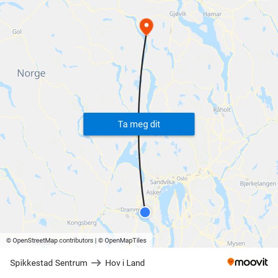 Spikkestad Sentrum to Hov i Land map