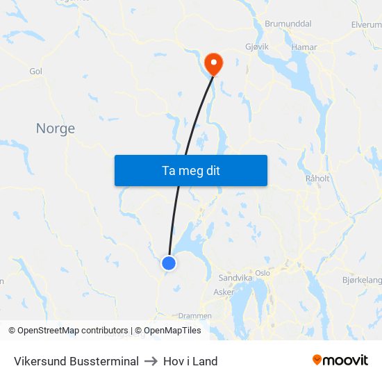 Vikersund Bussterminal to Hov i Land map