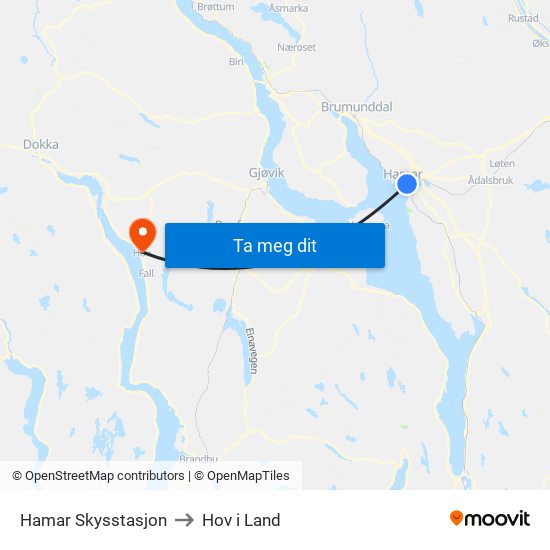 Hamar Skysstasjon to Hov i Land map
