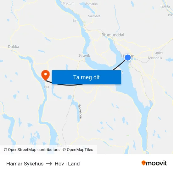 Hamar Sykehus to Hov i Land map