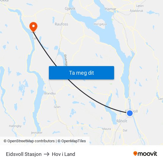 Eidsvoll Stasjon to Hov i Land map