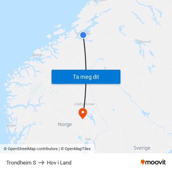 Trondheim S to Hov i Land map