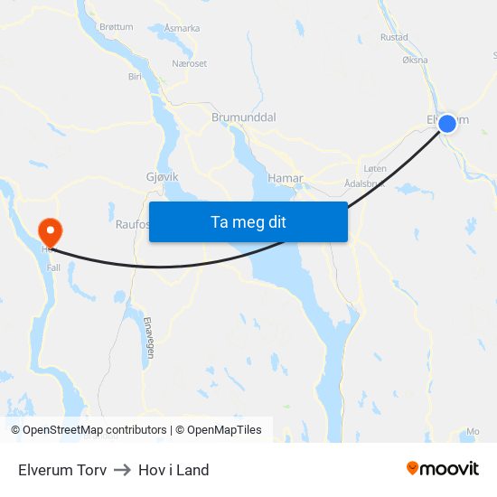 Elverum Torv to Hov i Land map