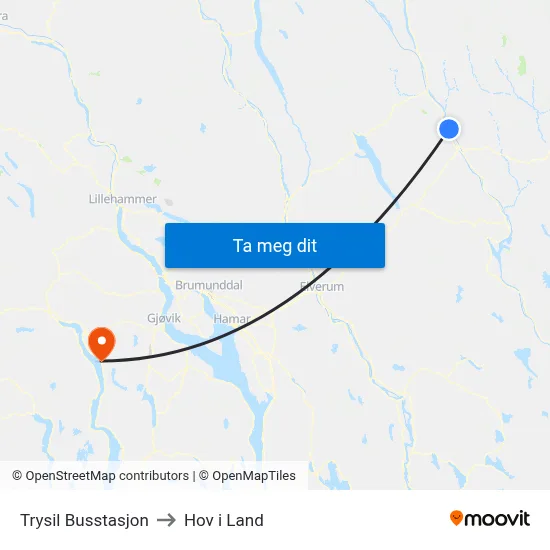 Trysil Busstasjon to Hov i Land map