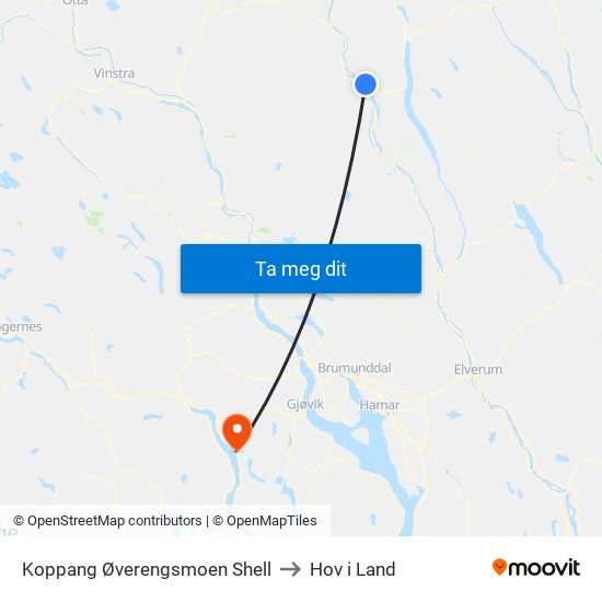 Koppang Øverengsmoen Shell to Hov i Land map