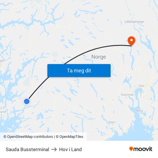 Sauda Bussterminal to Hov i Land map