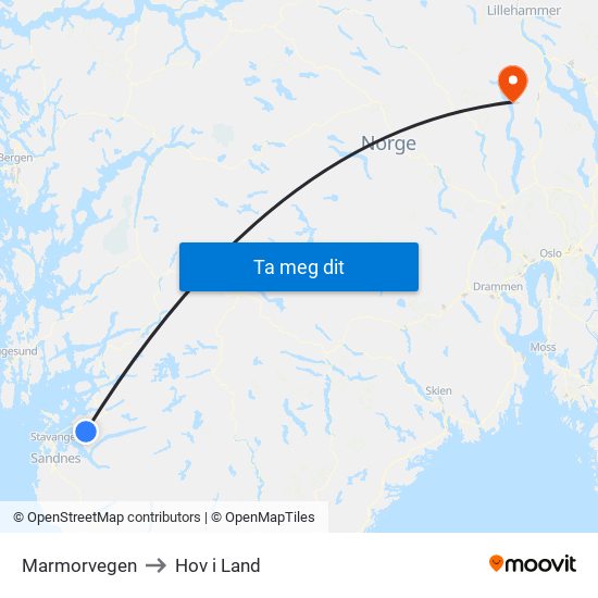 Marmorvegen to Hov i Land map