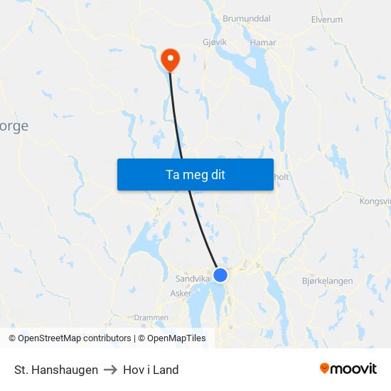 St. Hanshaugen to Hov i Land map
