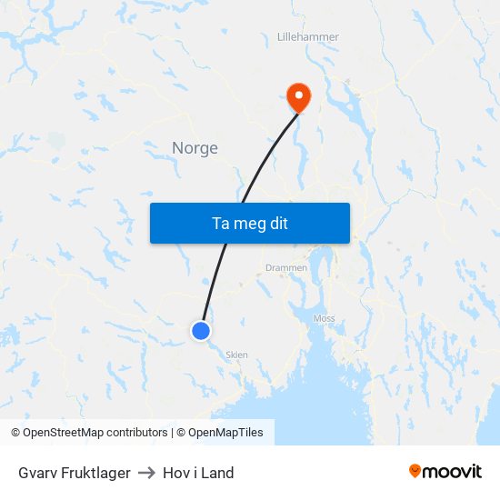 Gvarv Fruktlager to Hov i Land map