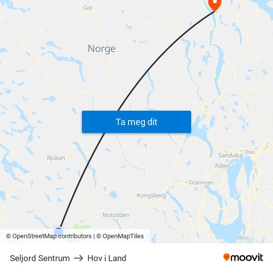 Seljord Sentrum to Hov i Land map