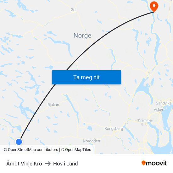 Åmot Vinje Kro to Hov i Land map