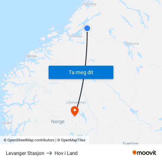 Levanger Stasjon to Hov i Land map