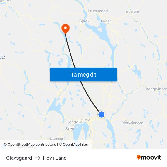 Olavsgaard to Hov i Land map