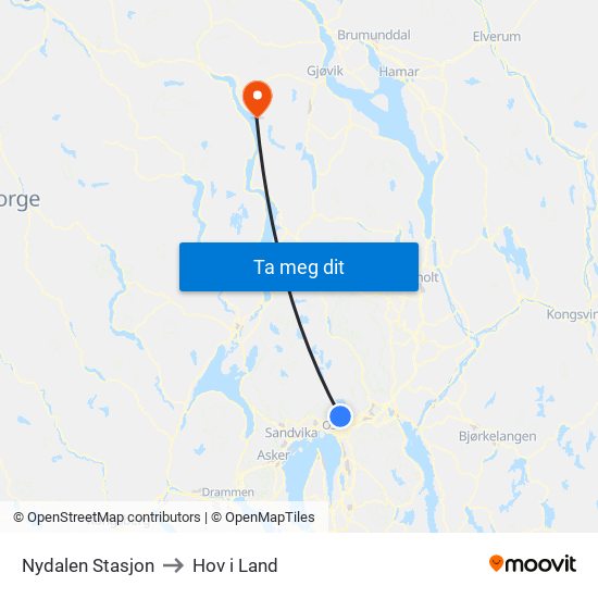 Nydalen Stasjon to Hov i Land map