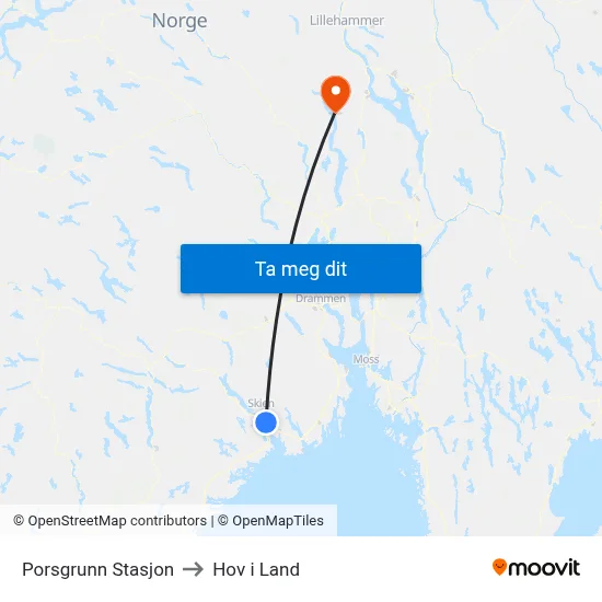Porsgrunn Stasjon to Hov i Land map