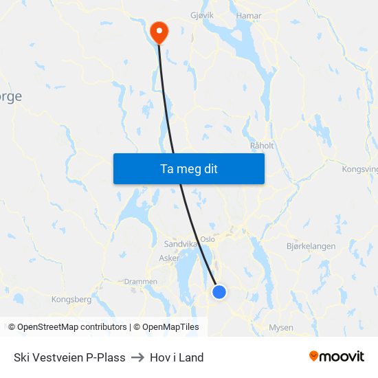 Ski Vestveien P-Plass to Hov i Land map