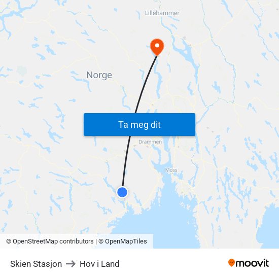 Skien Stasjon to Hov i Land map