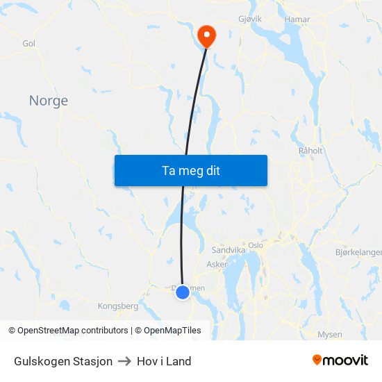 Gulskogen Stasjon to Hov i Land map