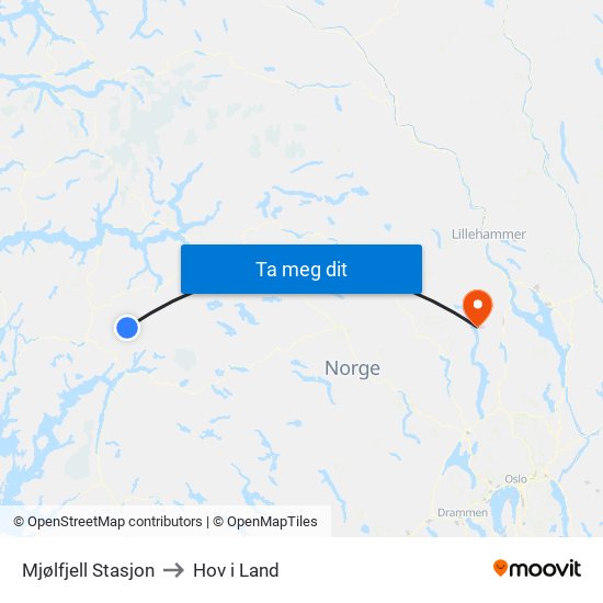 Mjølfjell Stasjon to Hov i Land map