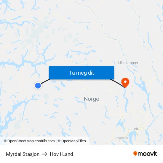 Myrdal Stasjon to Hov i Land map