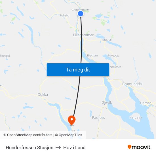 Hunderfossen Stasjon to Hov i Land map