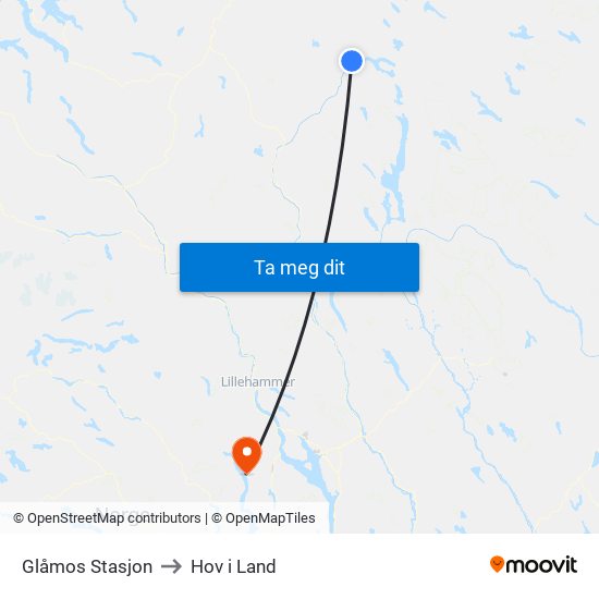 Glåmos Stasjon to Hov i Land map