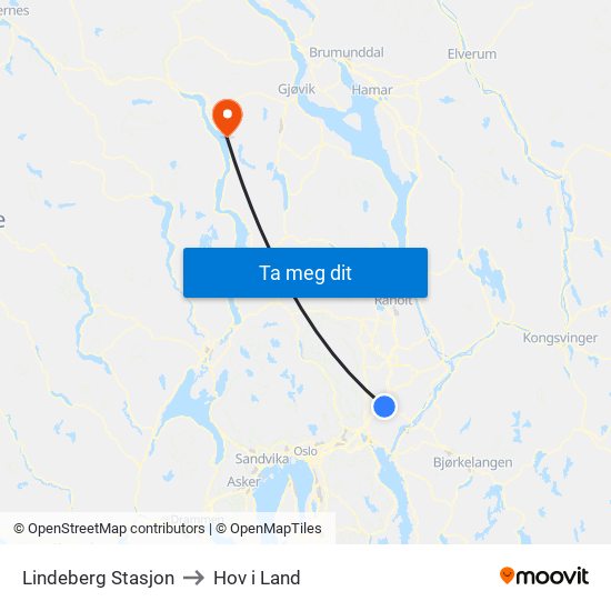 Lindeberg Stasjon to Hov i Land map