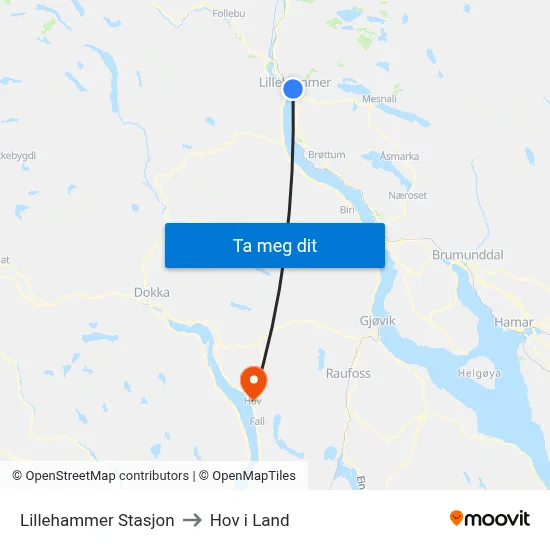 Lillehammer Stasjon to Hov i Land map