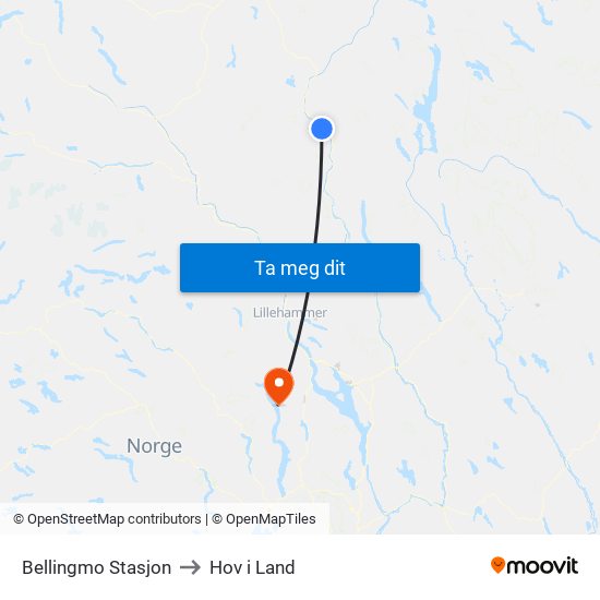 Bellingmo Stasjon to Hov i Land map