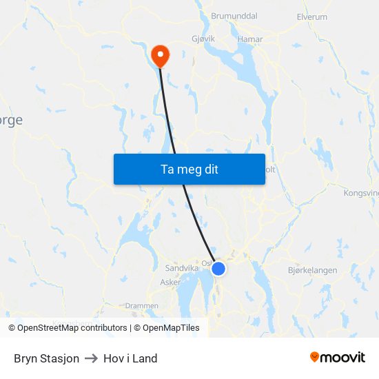 Bryn Stasjon to Hov i Land map