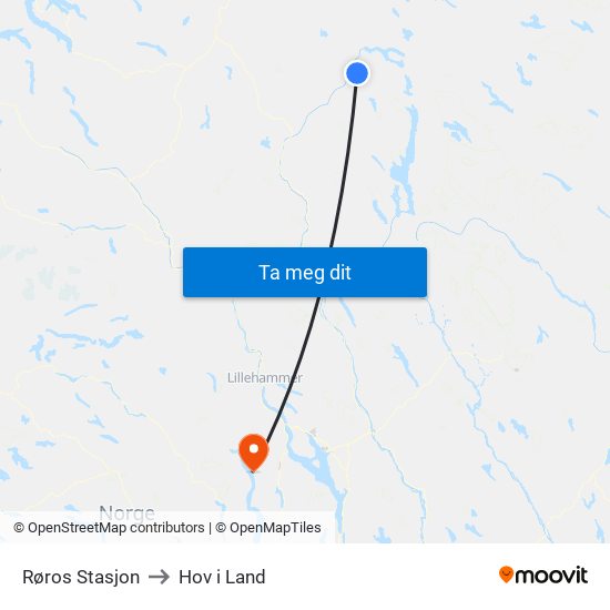 Røros Stasjon to Hov i Land map