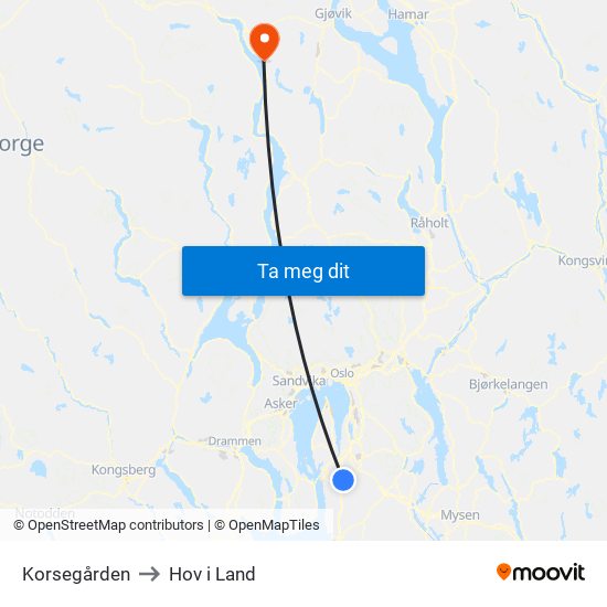 Korsegården to Hov i Land map