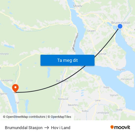 Brumunddal Stasjon to Hov i Land map