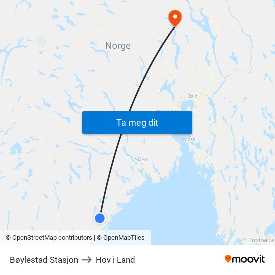 Bøylestad Stasjon to Hov i Land map