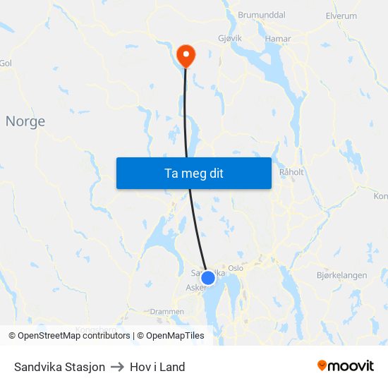 Sandvika Stasjon to Hov i Land map