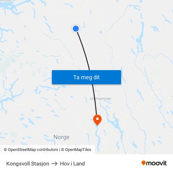 Kongsvoll Stasjon to Hov i Land map