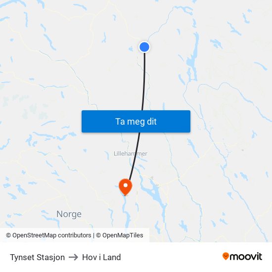 Tynset Stasjon to Hov i Land map