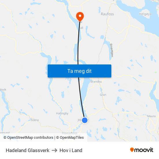 Hadeland Glassverk to Hov i Land map