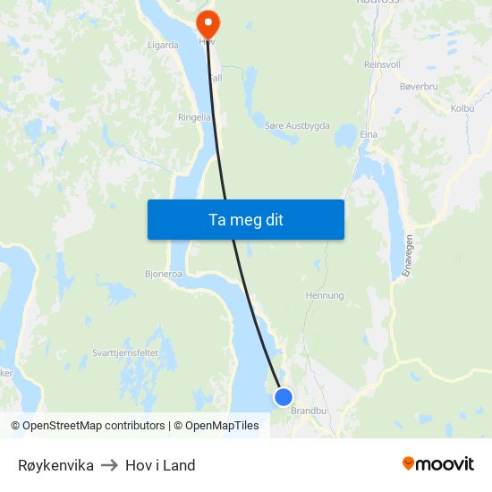 Røykenvika to Hov i Land map