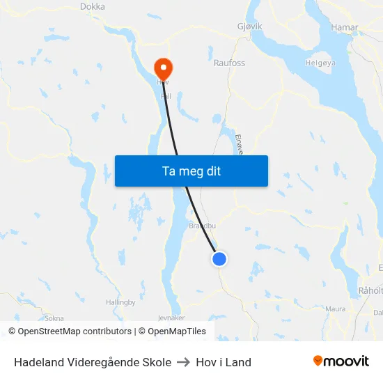 Hadeland Videregående Skole to Hov i Land map