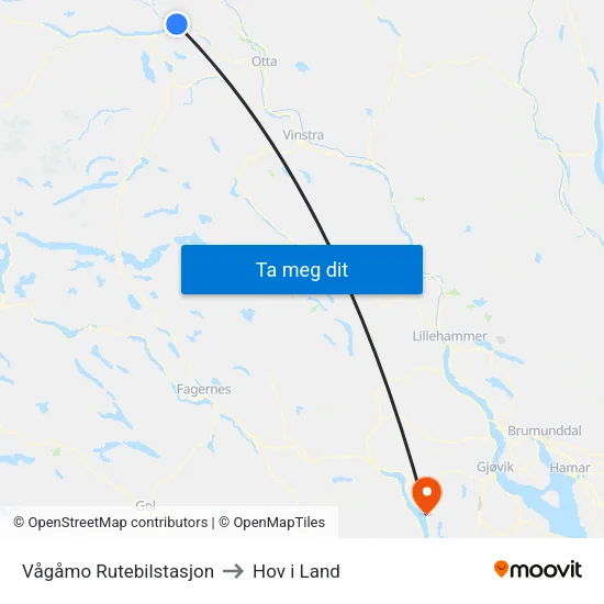 Vågåmo Rutebilstasjon to Hov i Land map