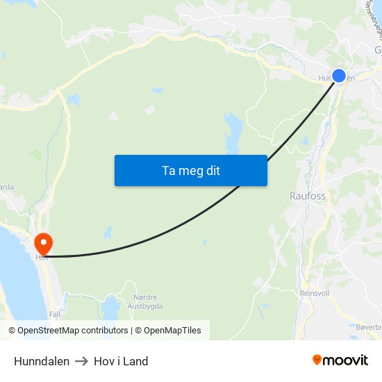 Hunndalen to Hov i Land map