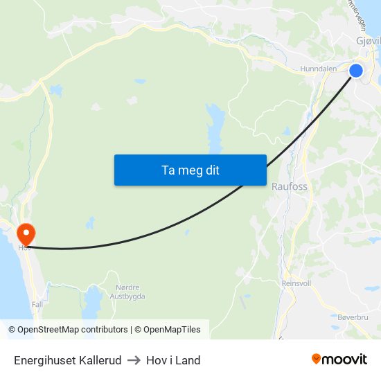 Energihuset Kallerud to Hov i Land map