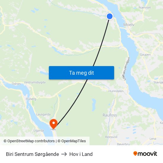 Biri Sentrum Sørgående to Hov i Land map
