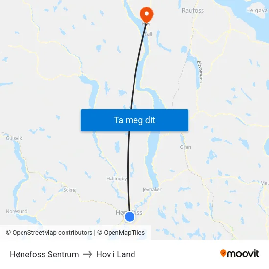 Hønefoss Sentrum to Hov i Land map