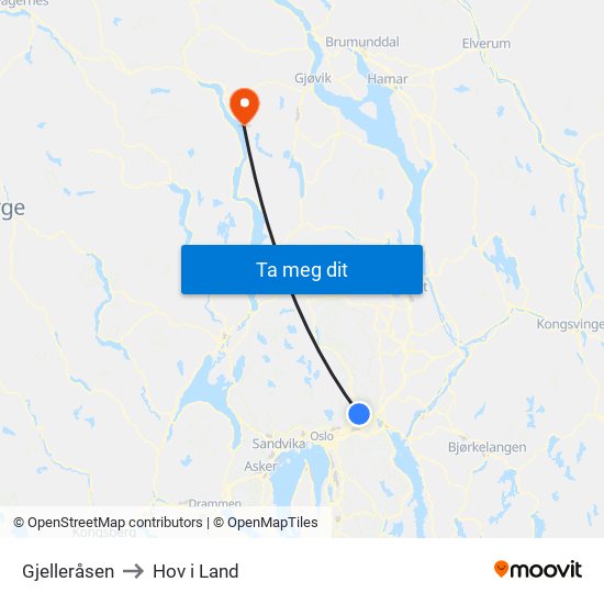 Gjelleråsen to Hov i Land map