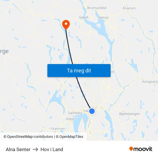 Alna Senter to Hov i Land map