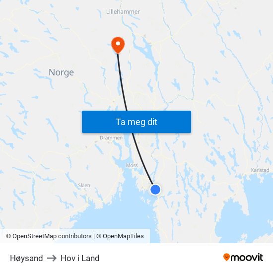 Høysand to Hov i Land map