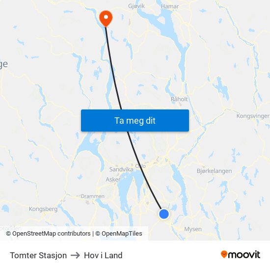 Tomter Stasjon to Hov i Land map